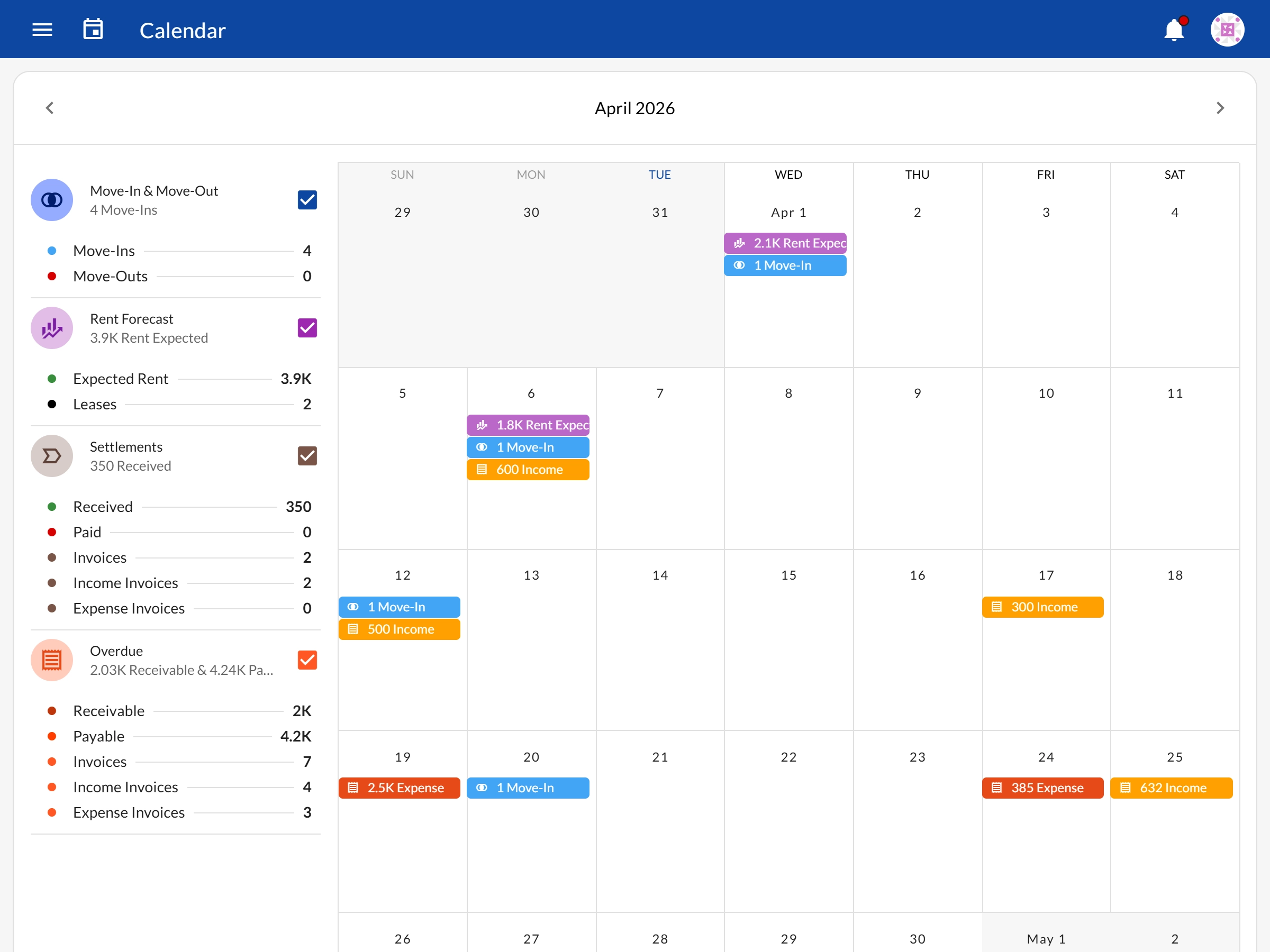 Dashboard calendar view showing move-ins, rent due dates, and settlements by day