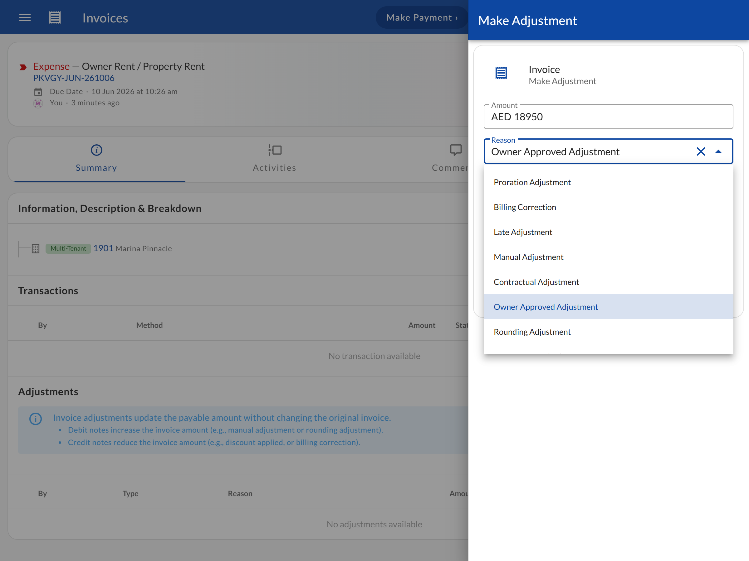 Invoice with adjustment entry showing original amount and the tracked increase or decrease