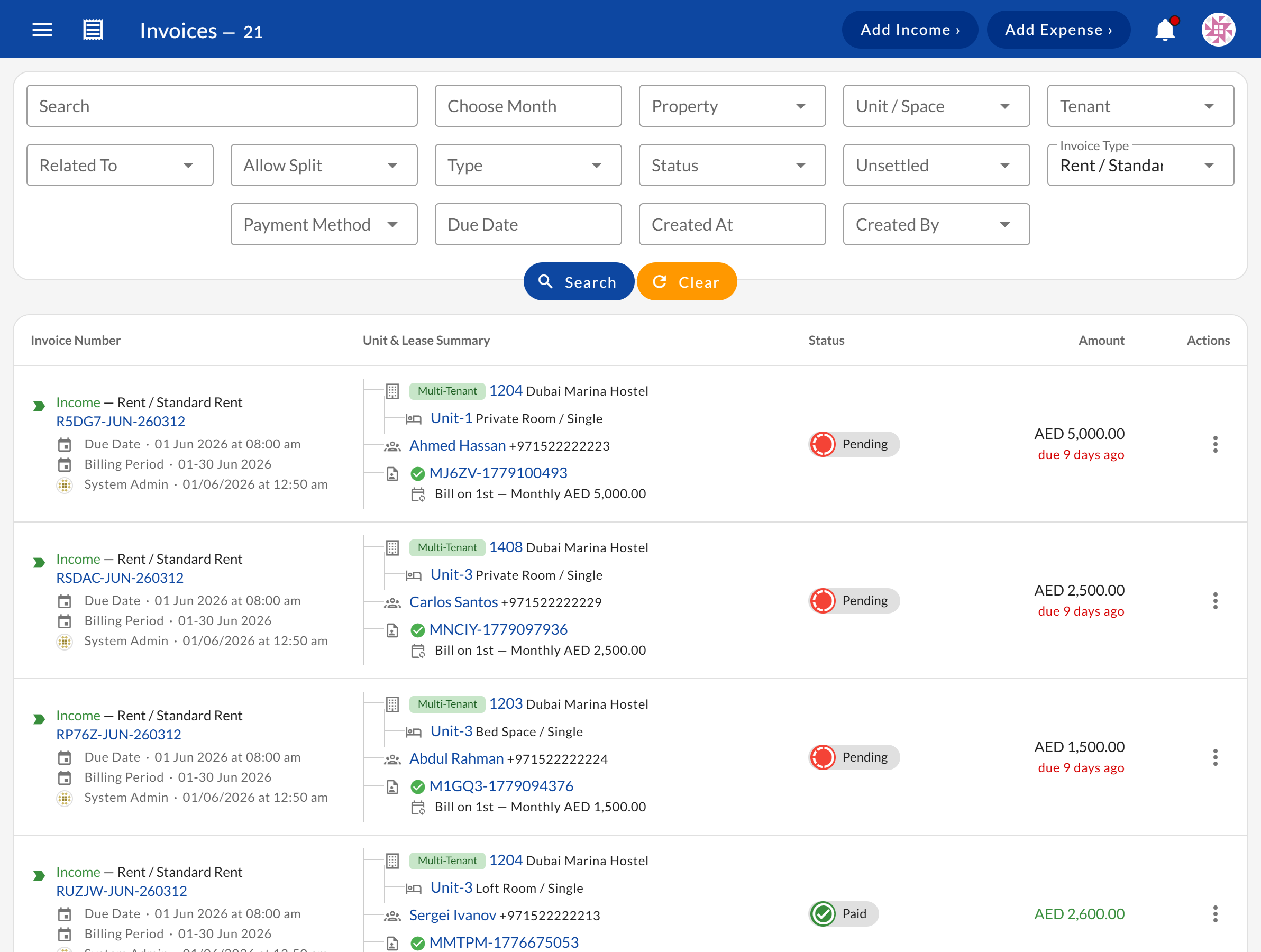 Invoice list showing auto-generated and manual invoices with amounts, status, and dates