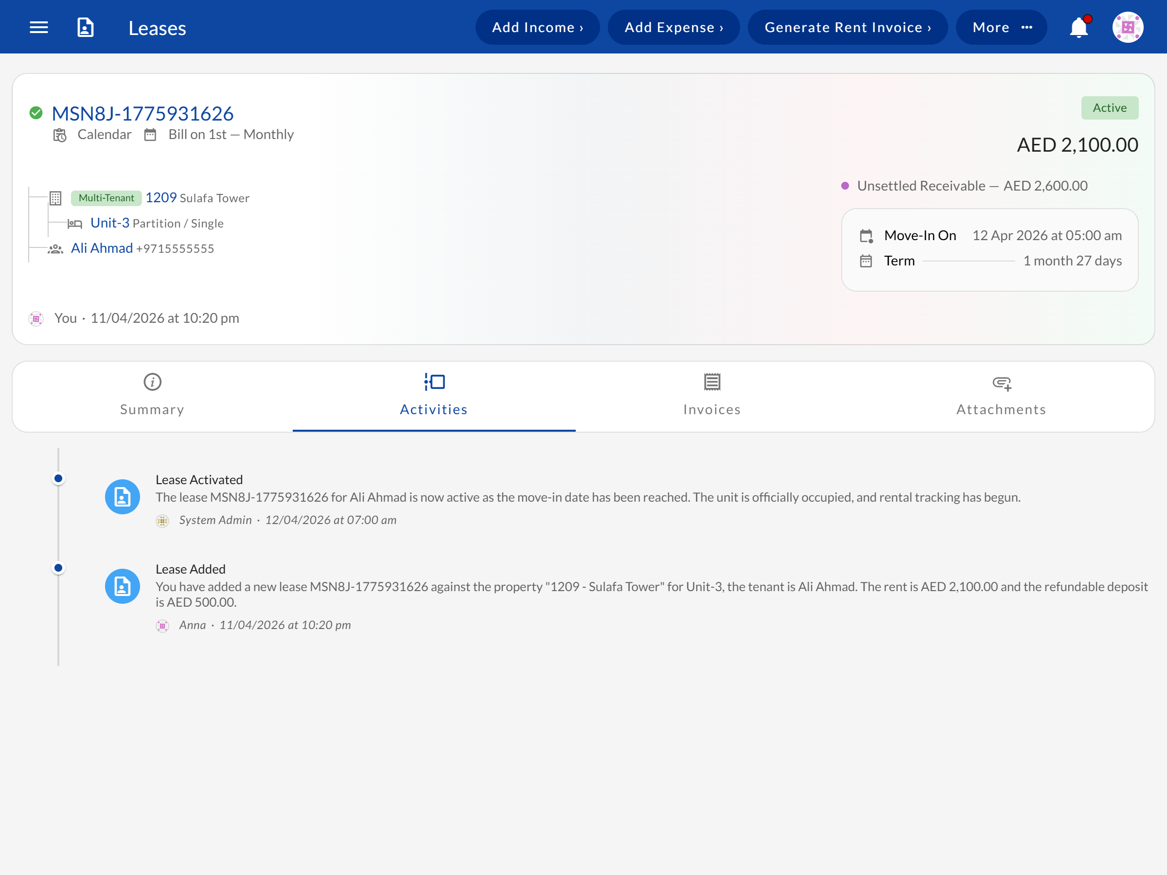 Lease detail showing voided and completed lease records with full audit history