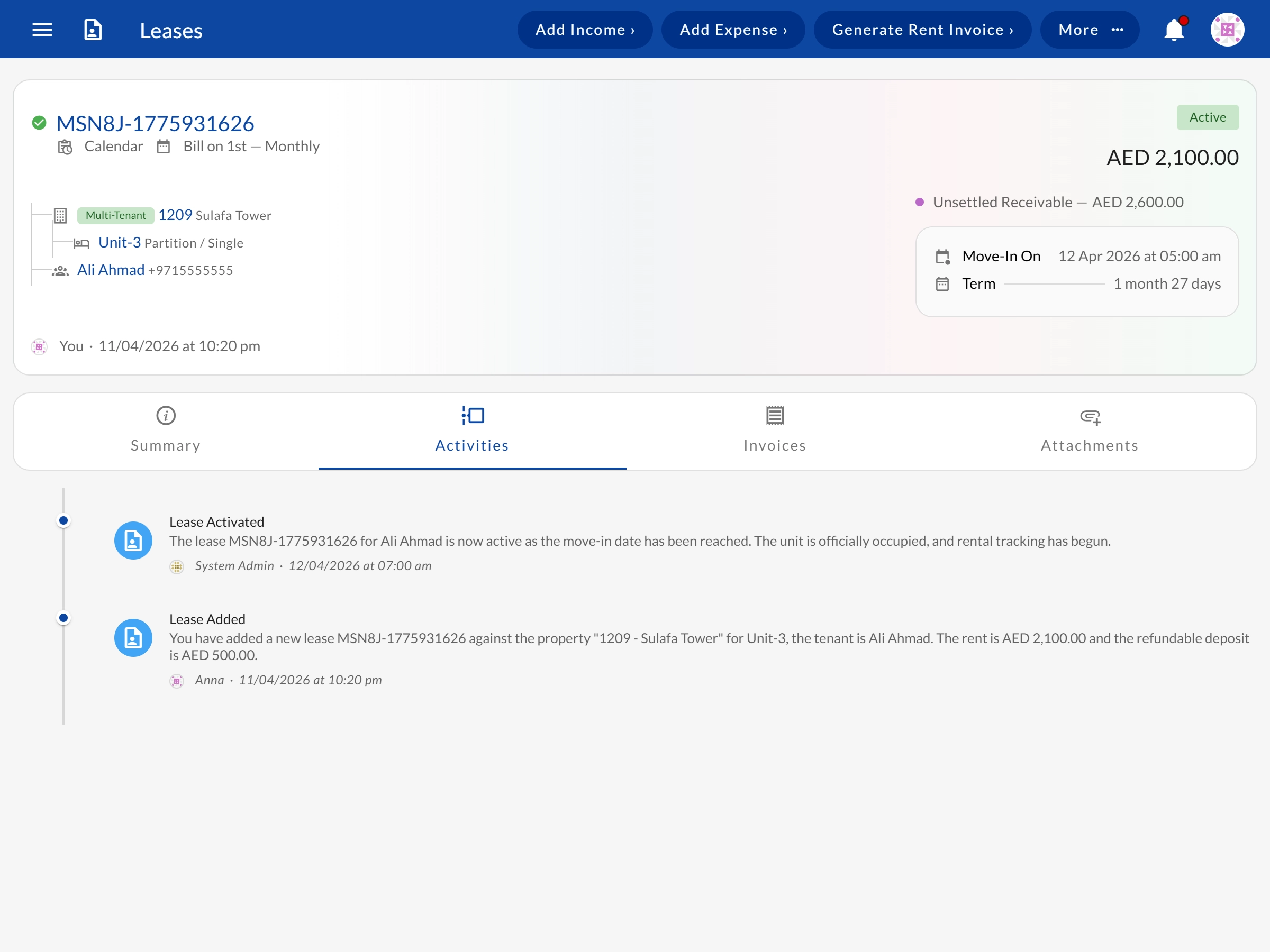 Lease detail showing voided and completed lease records with full audit history