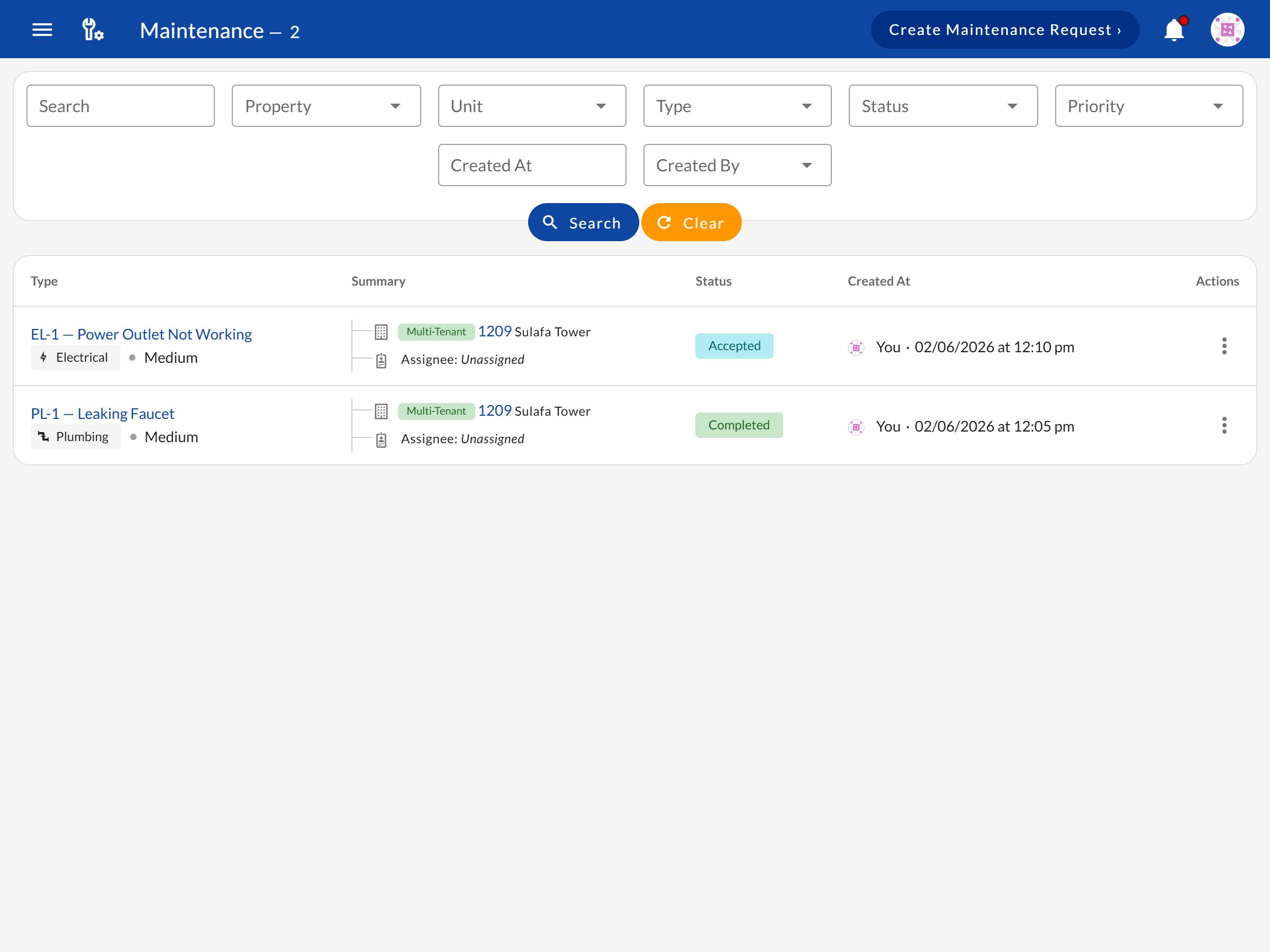 Maintenance request list showing tickets by type, status, and assigned team member
