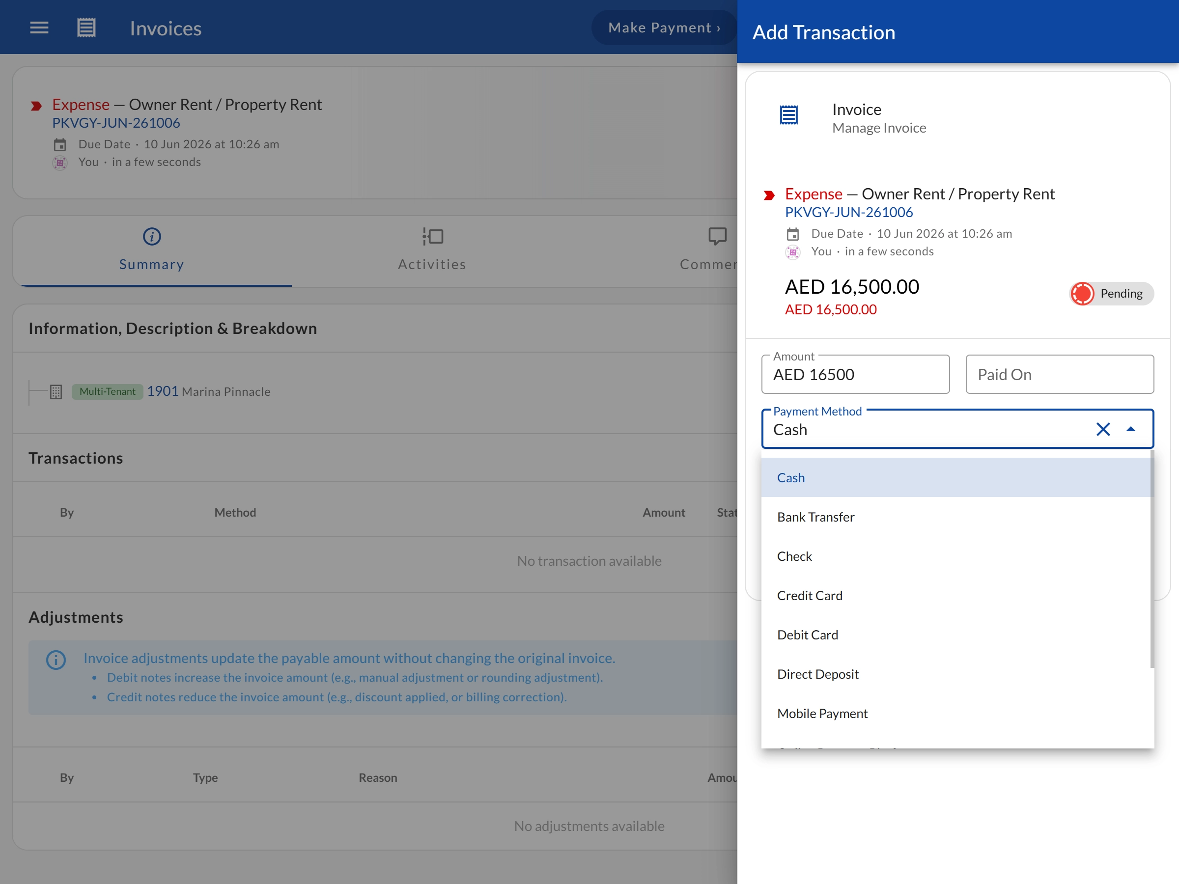 Invoice detail showing linked transaction records with payment methods and amounts