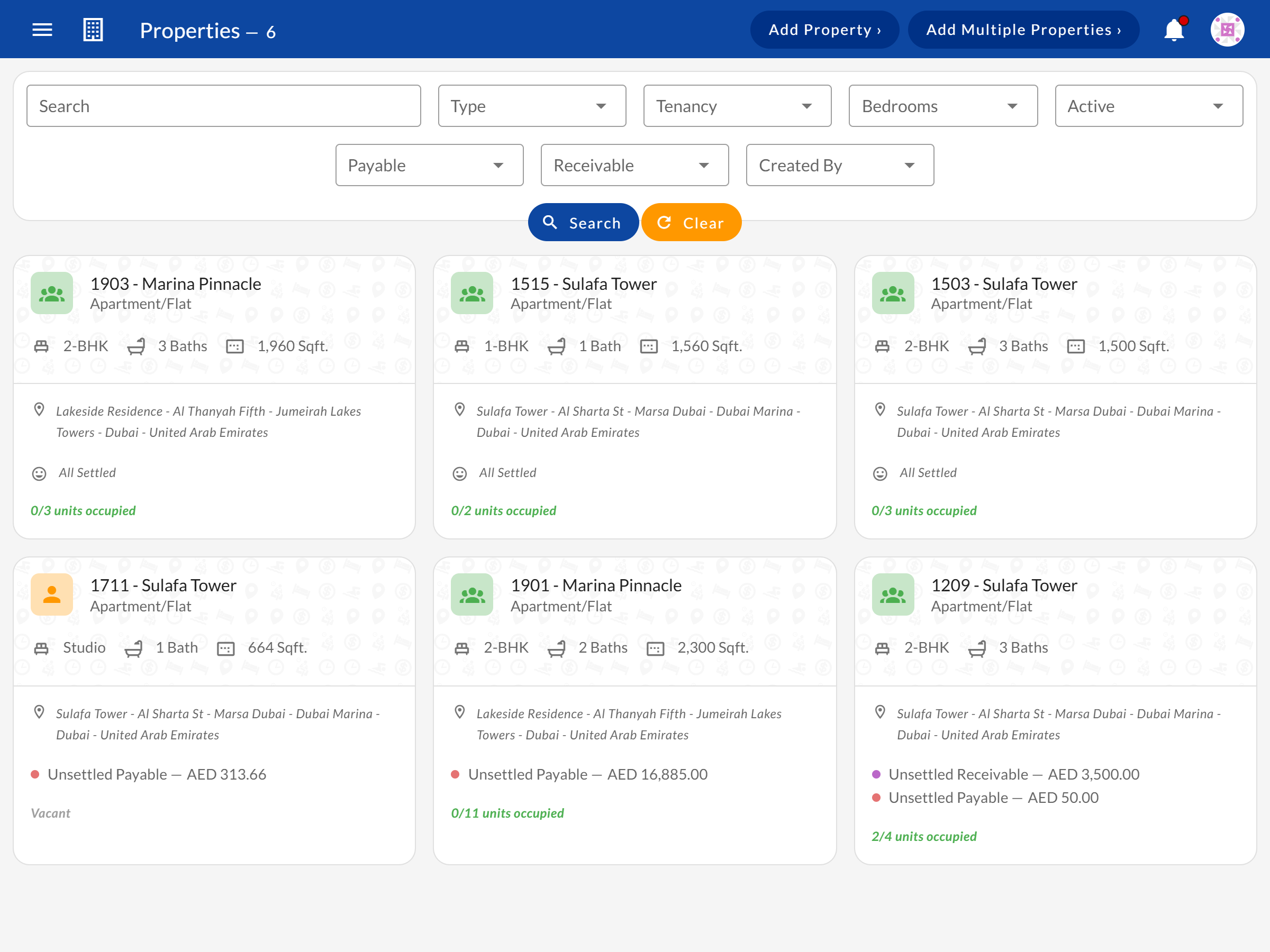 Property list view showing multiple properties with occupancy and unit counts