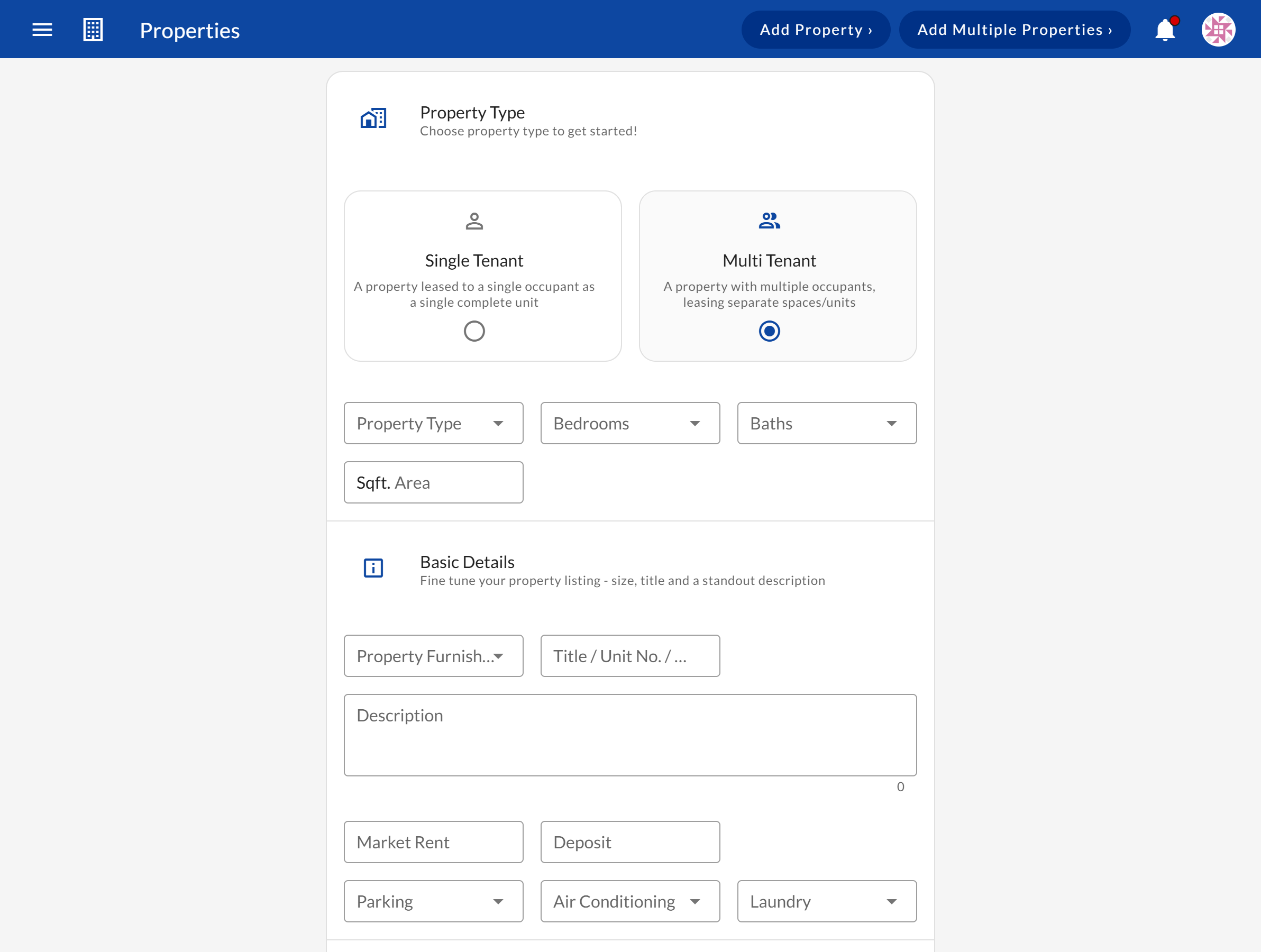 Property configuration screen showing single-tenant and multi-tenant property setup options