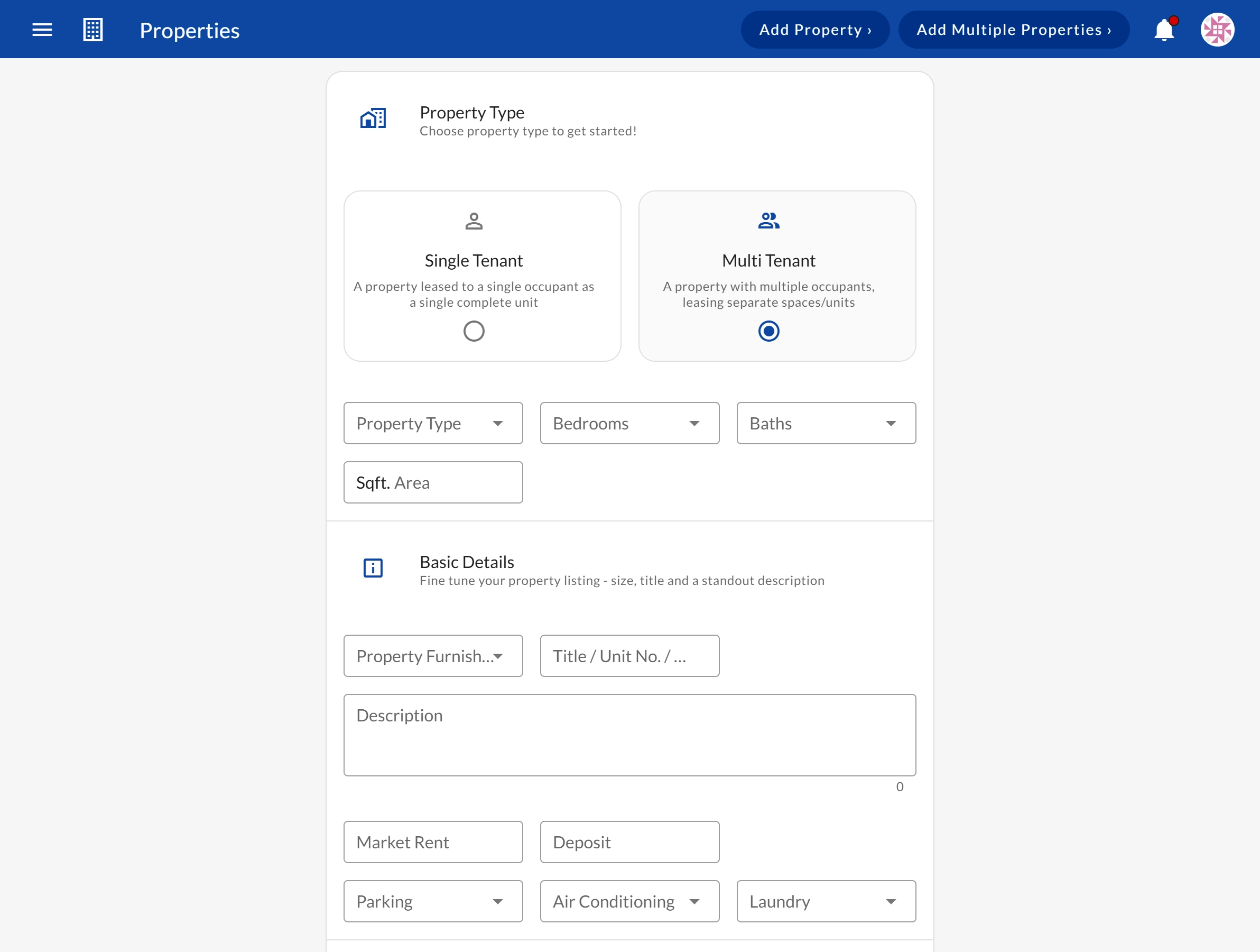 Property configuration screen showing single-tenant and multi-tenant property setup options