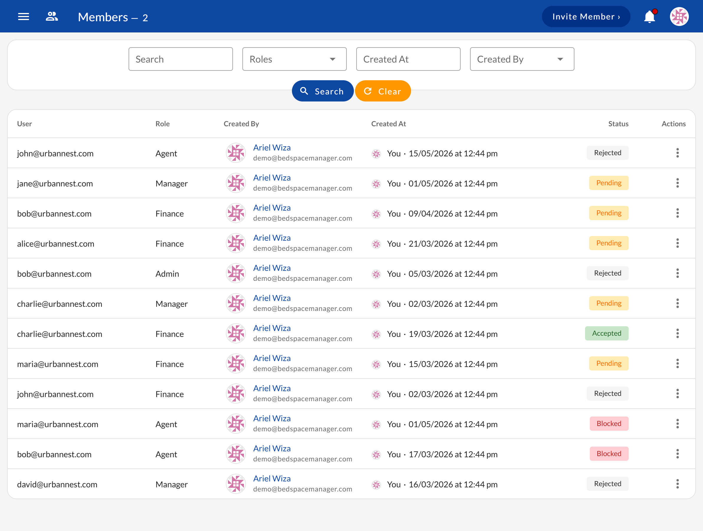 Team members list showing roles and access levels assigned to each member