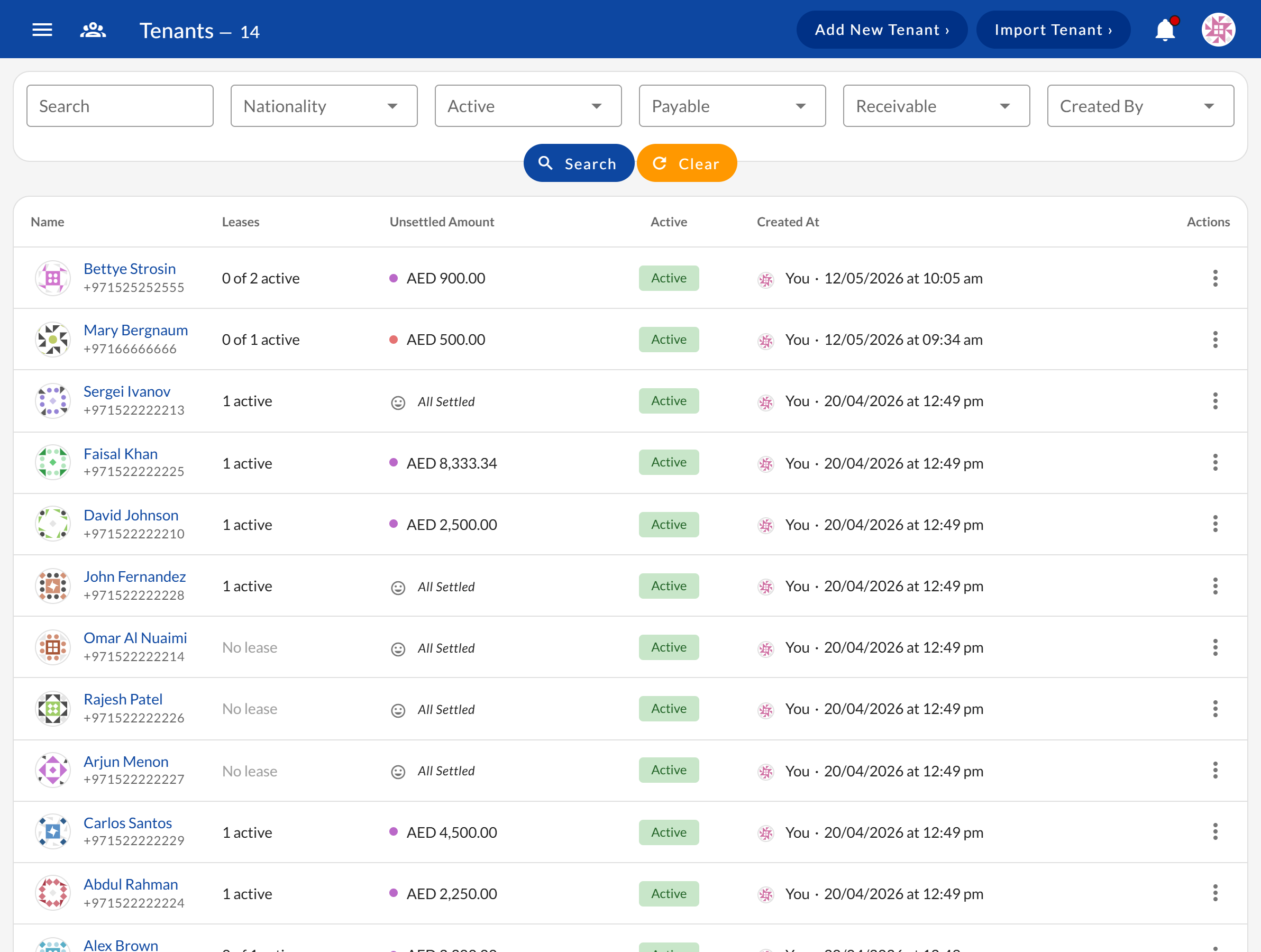 Tenant list showing tenant names, active lease status, and outstanding balances