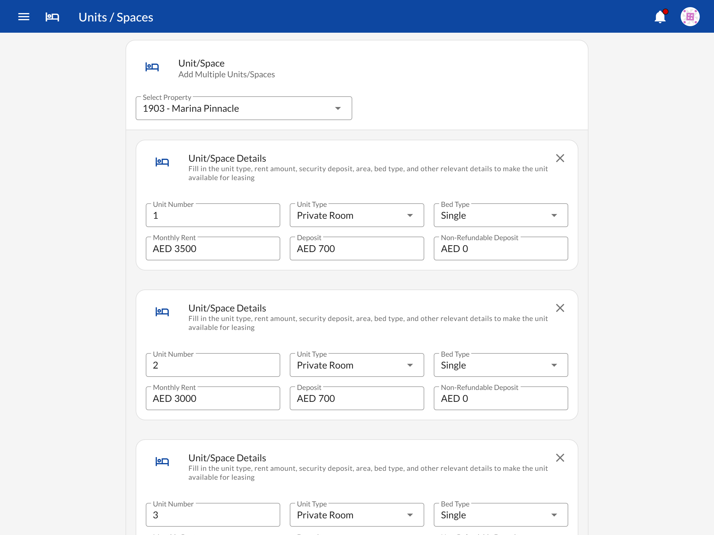 Unit management view showing a property's full unit list with bed types and occupancy