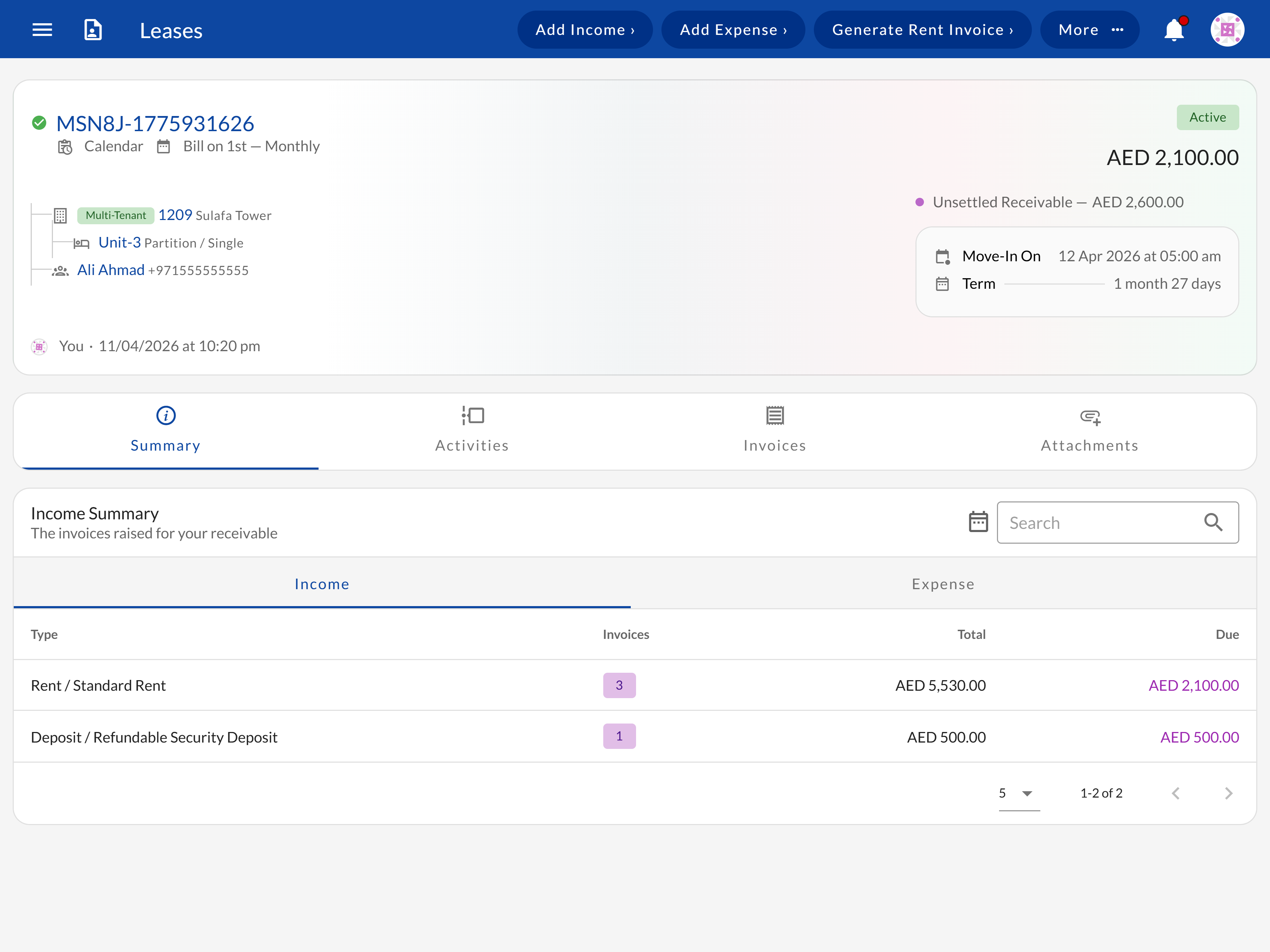 Lease management view showing active leases with billing type and dates