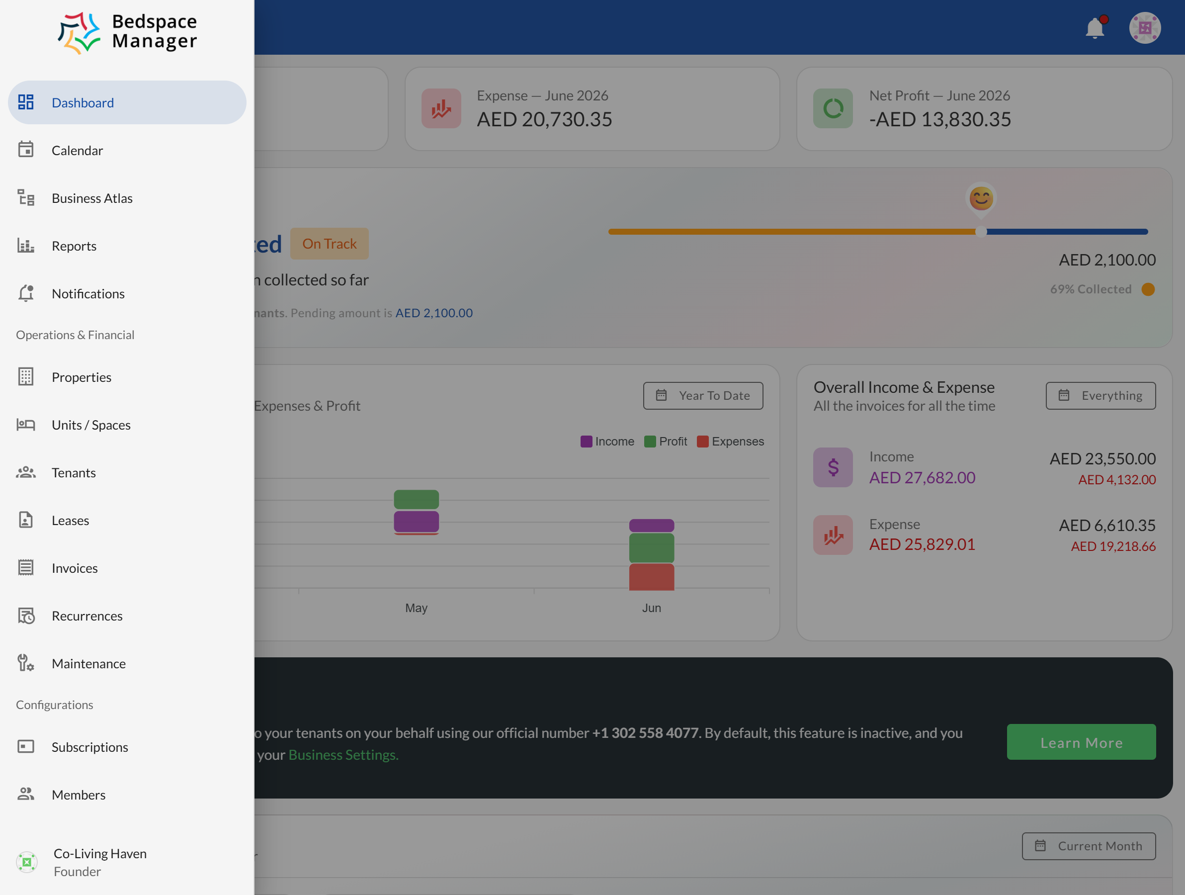 Bedspace Manager app showing the main navigation sidebar with all feature modules